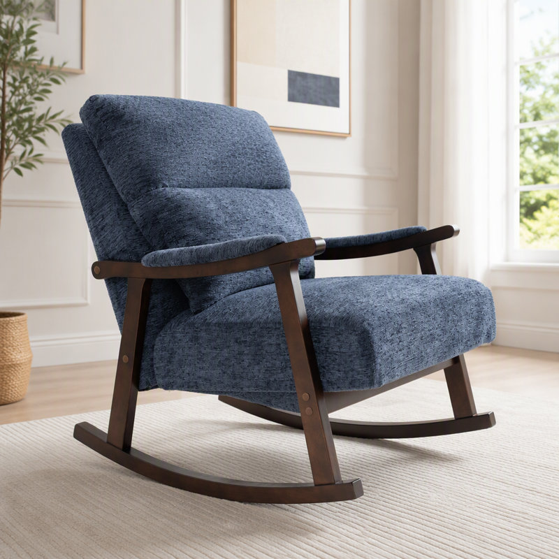 Fauteuil à bascule moderne avec structure en bois massif, fauteuil de salon rembourré, fauteuil de lecture, Bleu antique