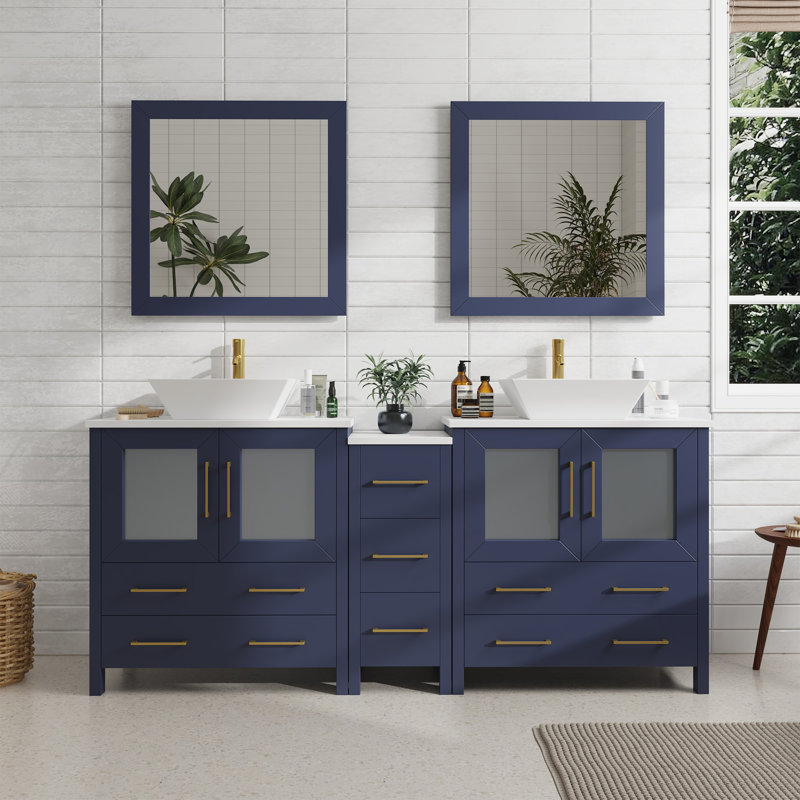  Ensemble de meuble-lavabo double avec miroir et cadre 29,9 ", Bleu