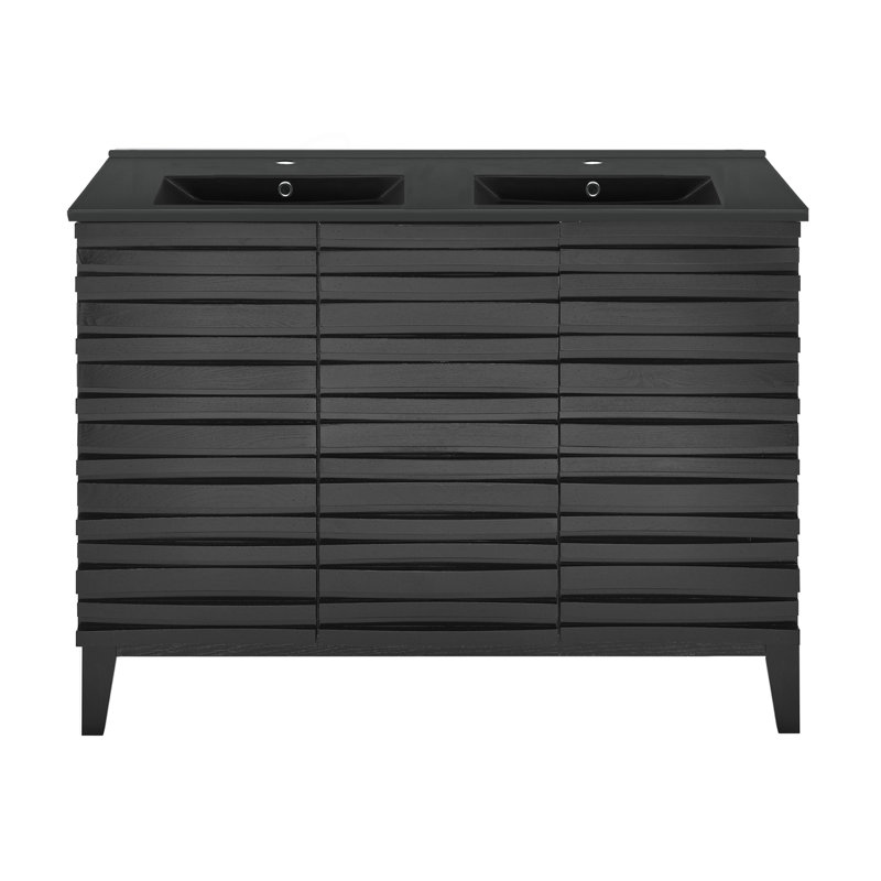 Cascade 48 po Meuble-lavabo double avec comptoir en céramique, Noir, Blanc