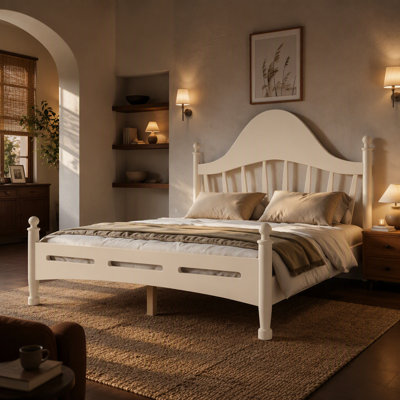 Full Size Platform Bed with Curved Headboard, Solid Pine Wood Frame, Slatted Support, No Box Spring, Beige