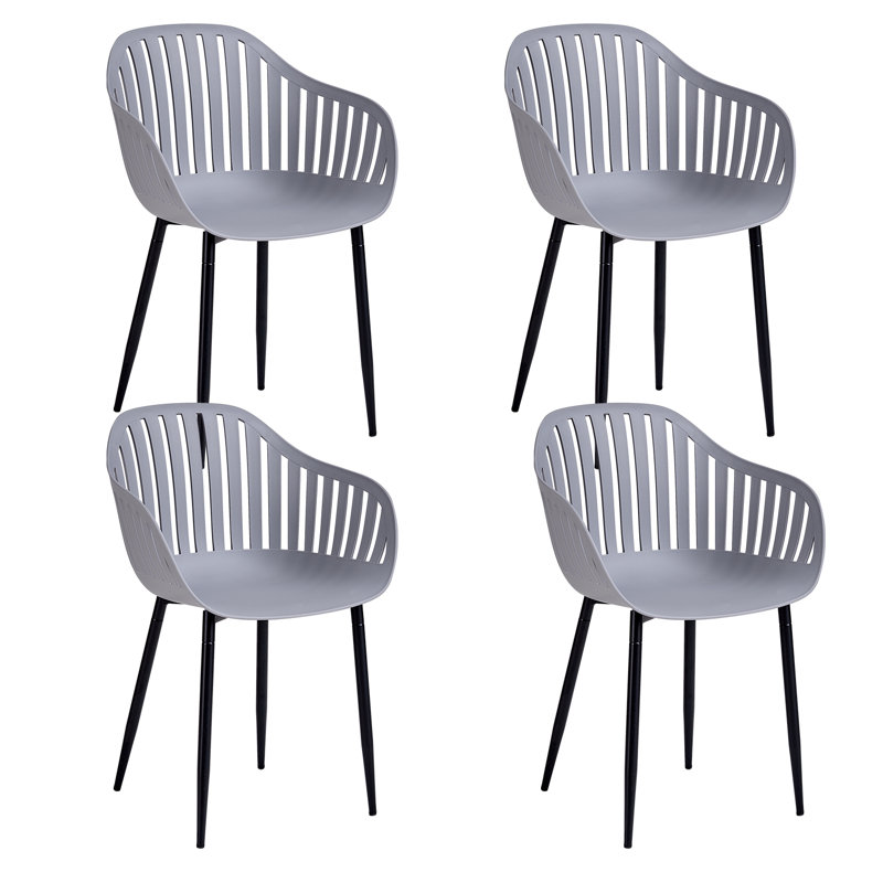 Set Of 4 Chairs - Modern Dining Chair - Vertical Bar Hollow Back Chair - Metal Legs, Grey