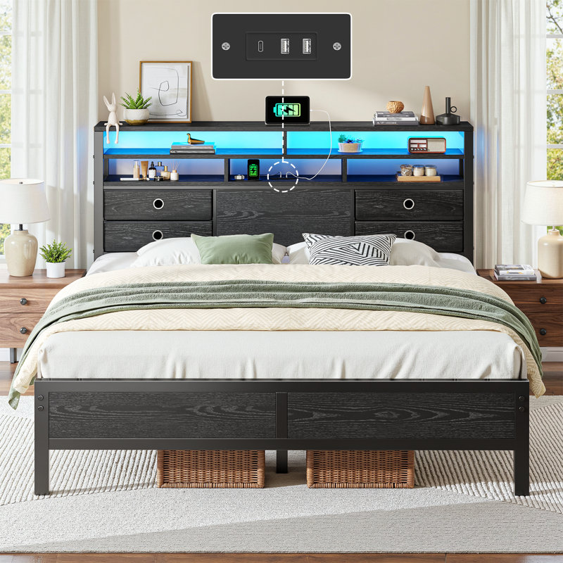 Storage Bed Frame With Charging Station & Rgb Led Headboard,metal Platform Bed With Under-bed Storage,reinforced Footboard,quiet Design - Queen