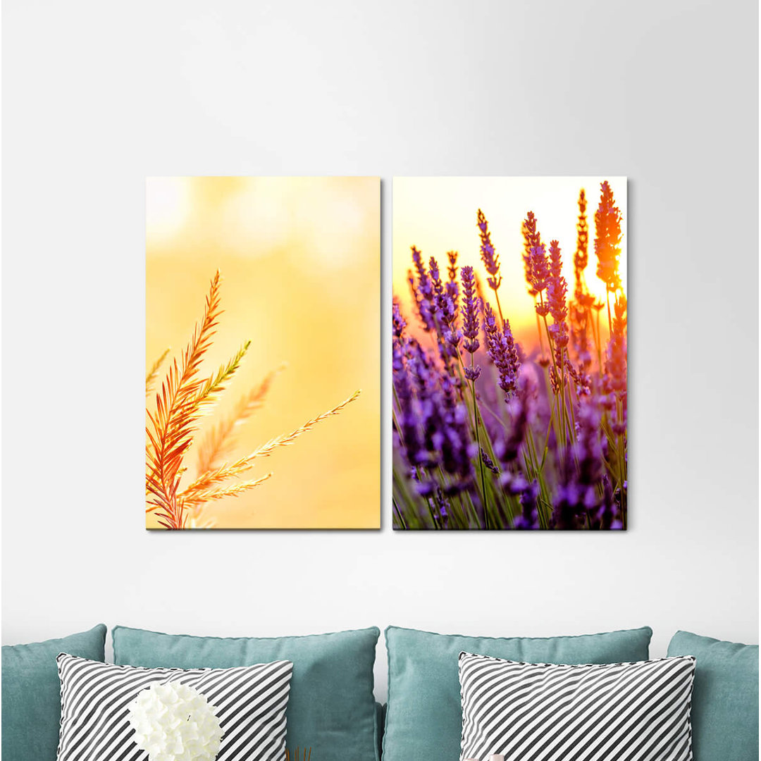 2-tlg. Leinwandbilder-Set - Fotografie „Lavender Field Golden Summer Sunbeams Dusk Warm”