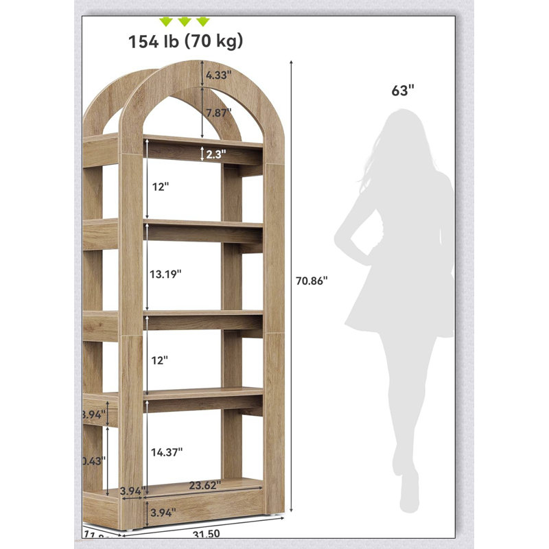 Bibliothèque 70,70 pouces de hauteur à 5 niveaux en teck, présentoir en bois moderne pour appartement et bureau personnel