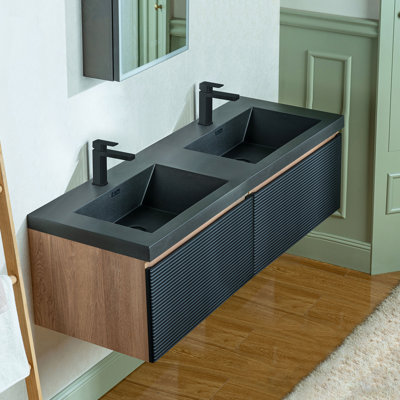 Meuble-lavabo mural flottant l 59 po x P 19-5 / 8 po avec comptoir en pierre frittée noire de qualité supérieure
