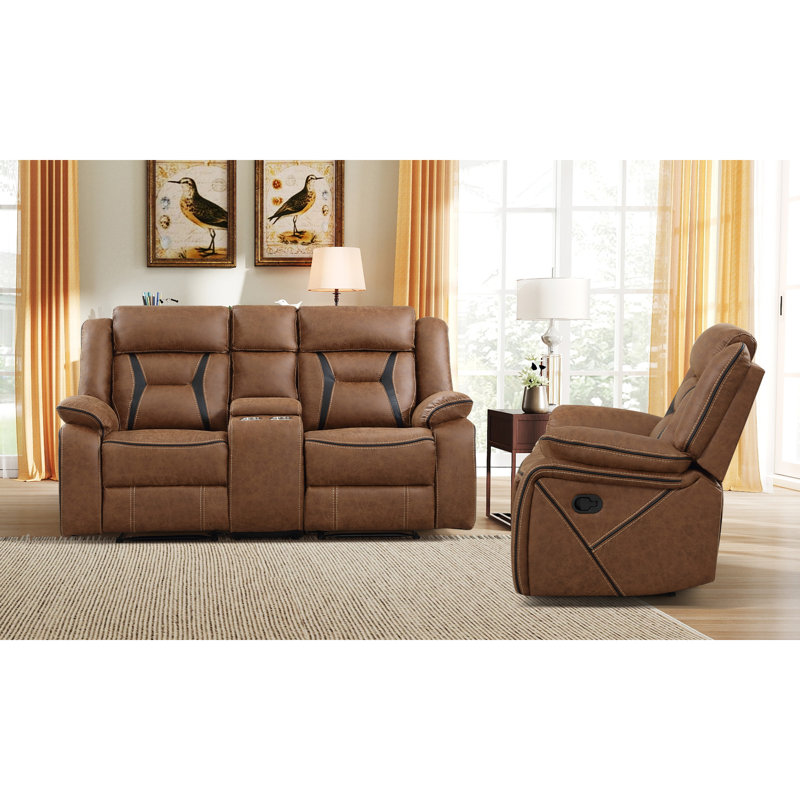 Ensemble de salon inclinable manuel 2 pièces en cuir végétalien avec console, Brun