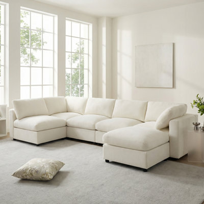 6 Seat Chenille Sectional Couch Set With Ottoman
