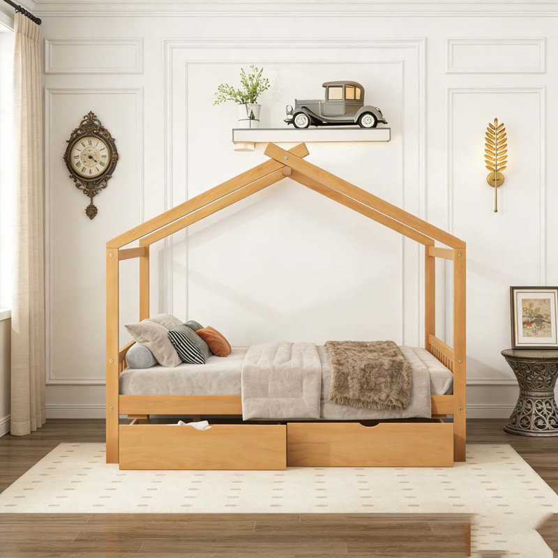 Lit plateforme double pleine grandeur avec deux tiroirs, Lit double, Naturel
