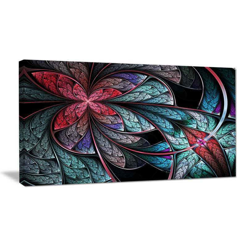 Motif floral turquoise et rouge, impression sur toile tendue, H 16 po x l 32 po x P 1 po