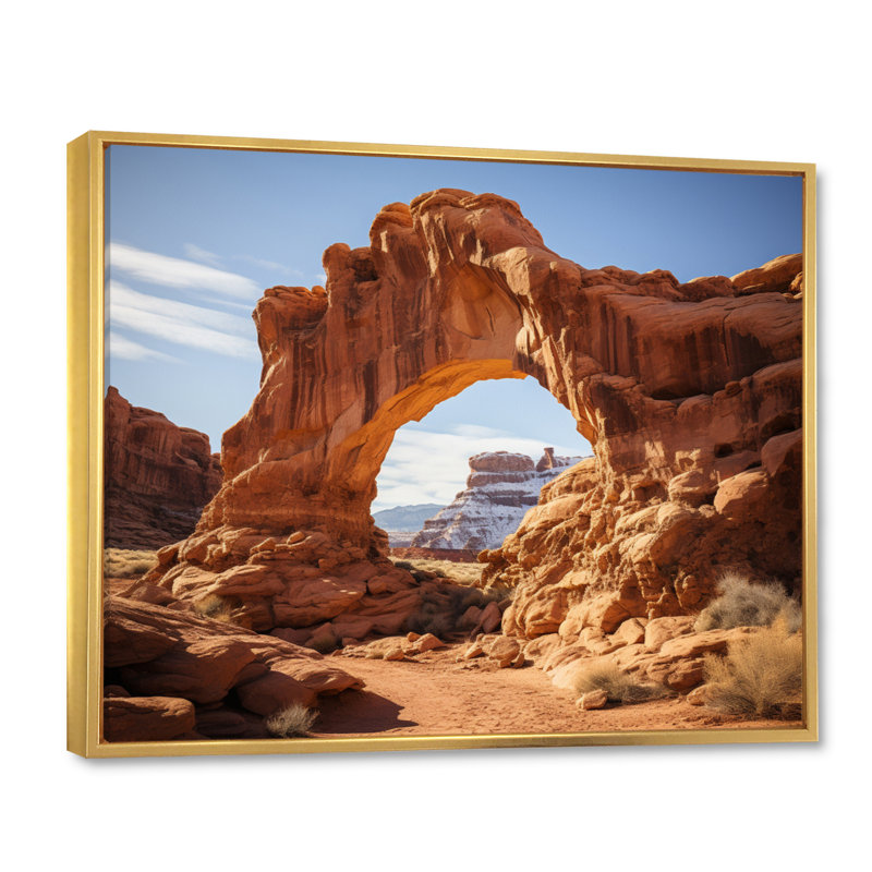 Désert arches I - art mural désert, Cadre flottant doré, H 24 po x l 32 po x P 1 po