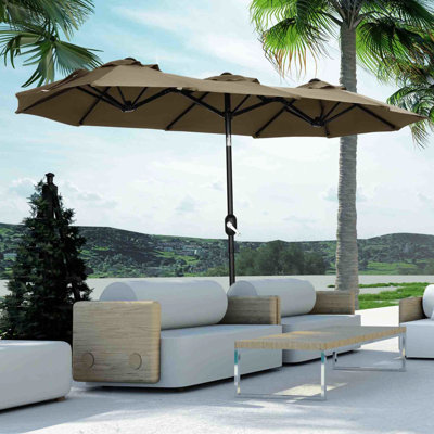 Parasol de patio double 9,5 pi - vaste marché extérieur avec bouton-poussoir inclinable et manivelle, 3 bouches d'aération, 12 nervures pour le jardin, la terrasse, la piscine, élément de terrasse de couleur grise brillamment visible