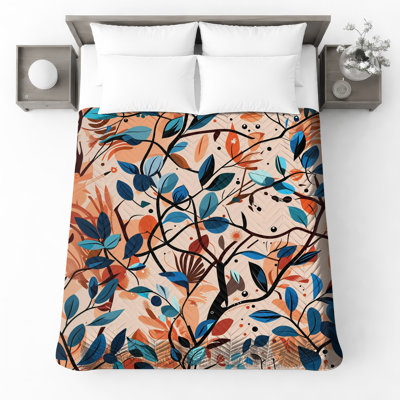 Abstract Blue Leaves Quilted Bedspread All Sizes