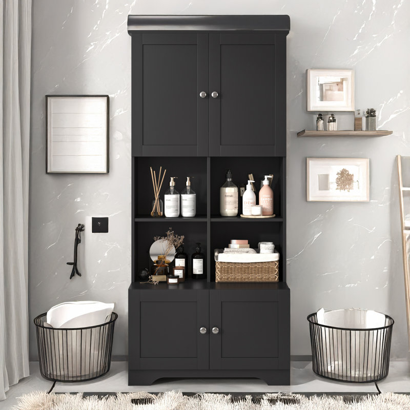 Gosellini 67"H Bathroom Cabinet with Adjustable Shelves and Open Shelves Multiple Storage System, Black