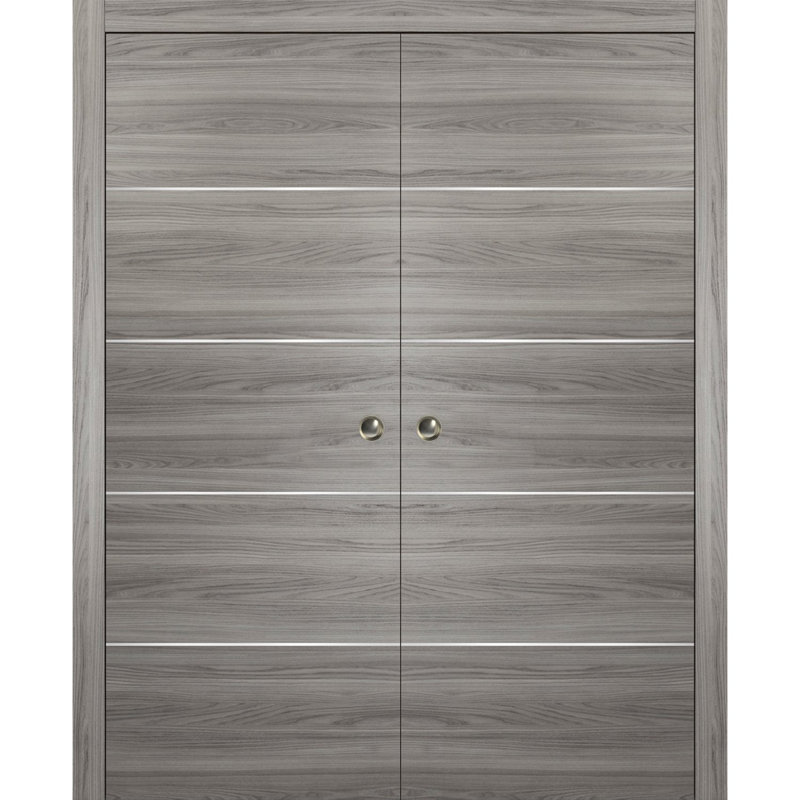 Portes coulissantes doubles modernes Planum 0020 Ginger Ash Ensemble de garnitures et de quincaillerie pour rails en bois massif pour chambre à coucher, porte robuste de 72 po x 84 po (2 x 36 x 84 po)