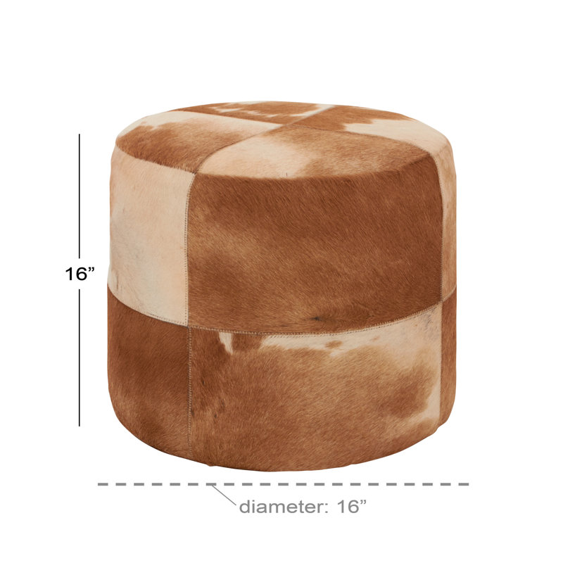  Alīna Leather Handmade Cowhide Living Room Stool with Patchwork Pattern, Brown Genuine Leather
