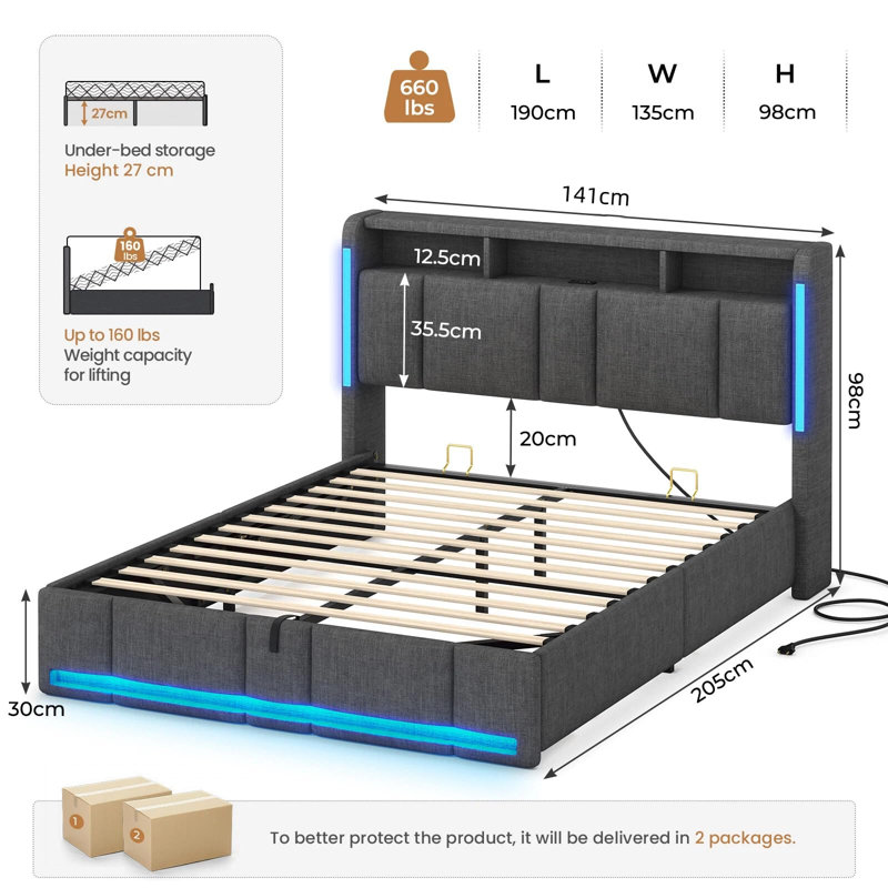 Ottoman Bed, Grey, Double (4'6)