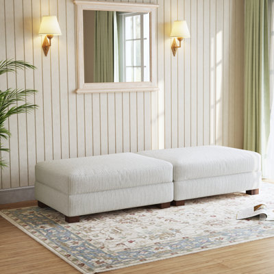 Maelina Upholstered Beige Square Corduroy Ottoman with Solid Wood Legs, Ottoman Modular Part For Sectional Sofa