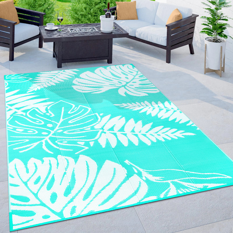 Ellie Reversible Leaf Outdoor Rug, Rectangle 6' x 9', Blue