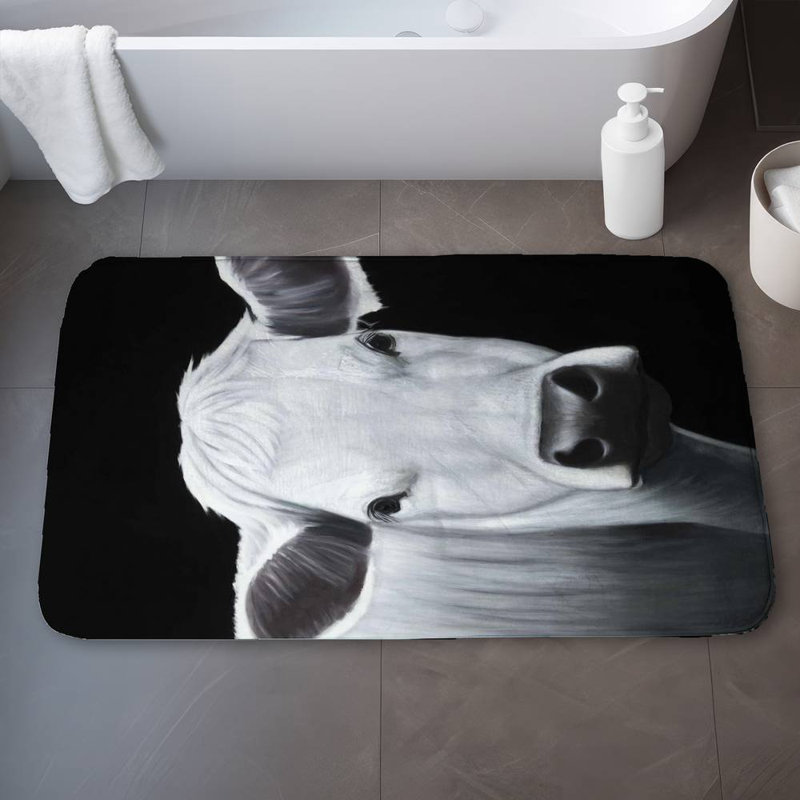 White cow Bath Mat with Non-Slip Backing - Quick Dry Memory Foam Bathroom Rug - Absorbent - Modern Plush Spa-Style - Machine Washable