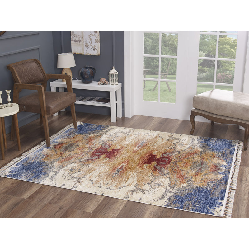 Tapis abstrait bleu / orange / beige Dovidio, Rectangle de 5 pi x 7 pi