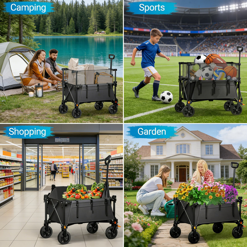 200L Collapsible Festival Wagon | Adjustable Height Camping Trolley With All-Terrain Wheels & Cup Holder, Perfect For Picnics, Hiking & Garden Transport
