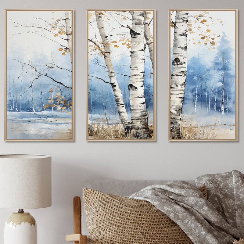 «White Birch Trees Forest Winter Scenery II», ensemble d'art sur toile de bouleau, Cadre naturel flottant