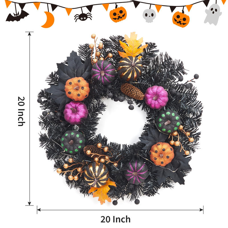 Couronne de citrouilles d'Halloween pré-illuminée de 50 cm avec minuterie pour porte d'entrée
