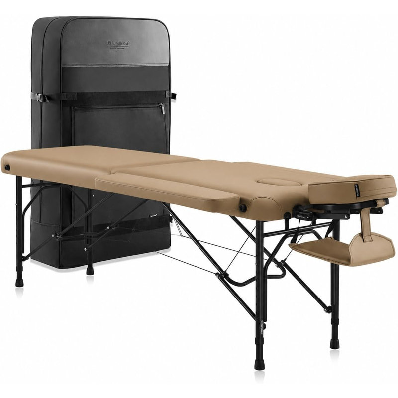 DR.LOMILOMI Table de massage portative pliable en aluminium ultralégère de format voyage Halia 302 pour massothérapeutes mobiles professionnels, avec rallonges d'accoudoirs latéraux, L70 x l21, brun clair
