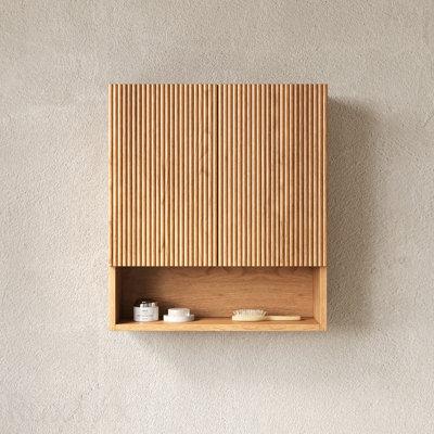 26" Modern Fluted Wall Mount Wooden Storage Cabinet with Open Shelf