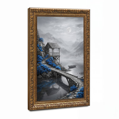 Pont de pierre et pavillon de jardin en bois avec fleurs bleues, art mural