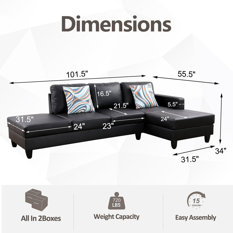 Stevo Faux Leather Living Room Set, Black Faux Leather, Right - Facing
