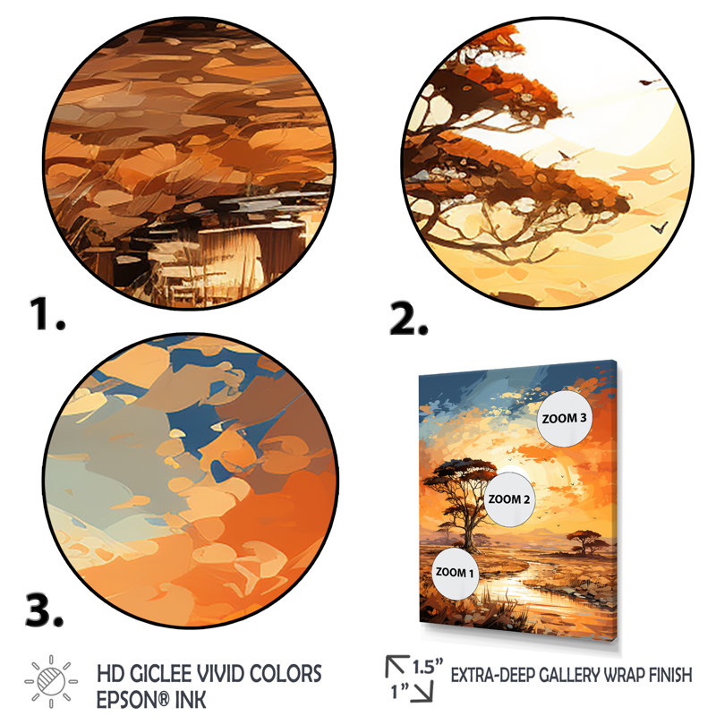 «African Sunset Essence Savanna Harmony III», art mural arbre africain, Cadre flottant brun, H 20 po x l 12 po x P 1 po