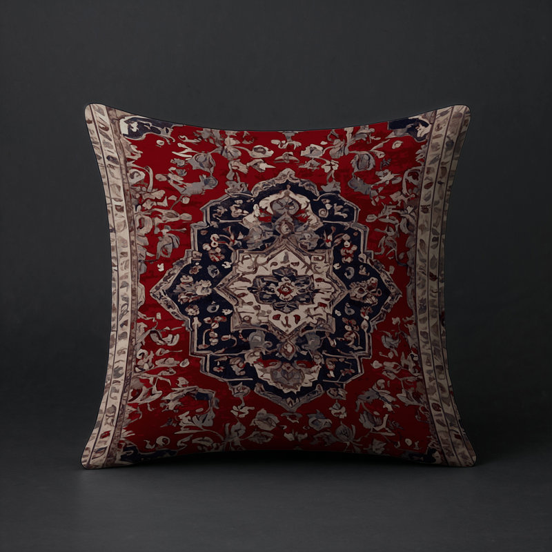 Coussin décoratif intérieur et extérieur Modern, Carré 16 po, Bourgogne / marine / crème damassé