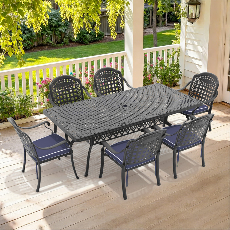 Ensemble de 7 pièces de mobilier de patio en aluminium coulé avec cadre noir et coussins de siège bleus