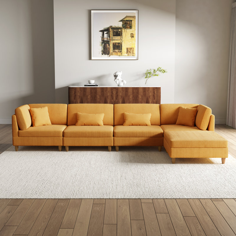 5 - Piece Upholstered Orange Corduroy Modular Sectional with Pillow Back and Removable Ottoman, Orange Corduroy