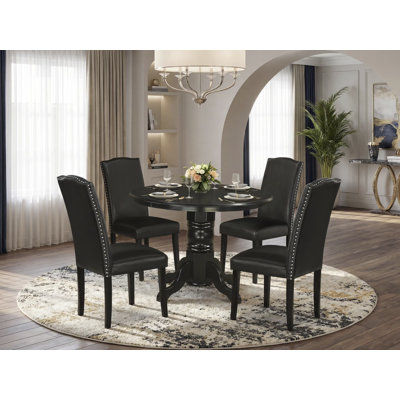 5 Piece Dining Room Table Set Includes a Round Kitchen Table with Pedestal and 4 Black Faux Leather Parson Dining Chairs, 42x42 Inch, Black