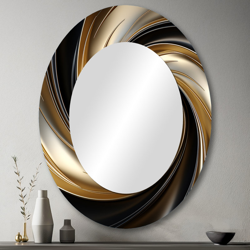 Abstract Liquid Gold And Black Spiral Swirl - Abstract Oval Decorative Mirror On Metal, 43" x 33"