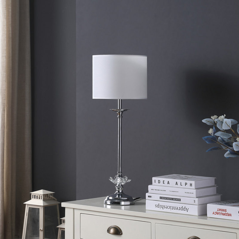 Lampe de table florale en cristal de 25,5 pouces, base en métal chromé avec abat-jour tambour en coton blanc, compatible avec une ampoule E12, interrupteur en ligne, homologué UL