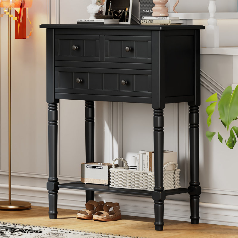 Console H 31 po avec 3 tiroirs et tablette, structure en bois massif, Noir