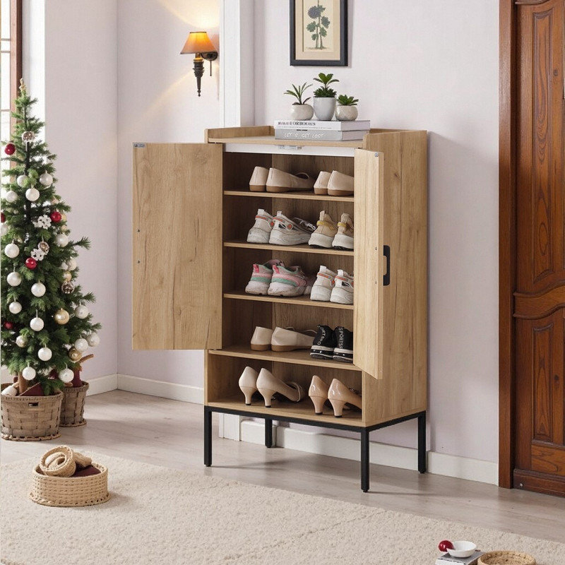 Meuble à chaussures Scribo à 5 niveaux en bois avec portes en rotin et étagères ouvertes - Rangement d'entrée