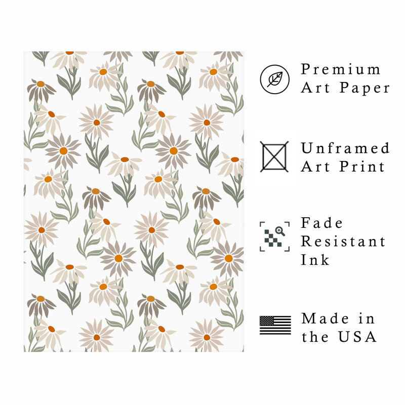 Motif floral blanc, marguerites rétro, sans cadre, H 20 po x l 16 po