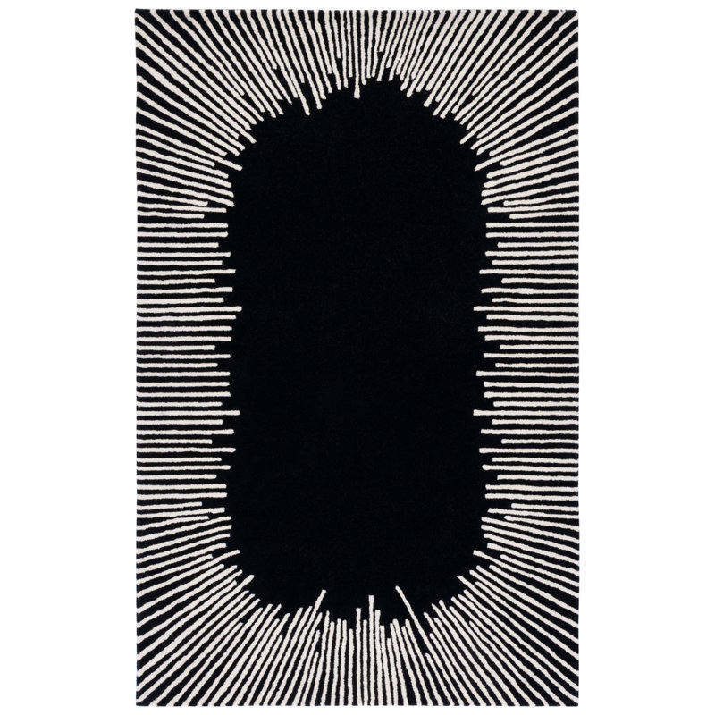Tapis noir / ivoire en laine / coton touffeté à la main Jarie, Rectangle 6 pi x 9 pi