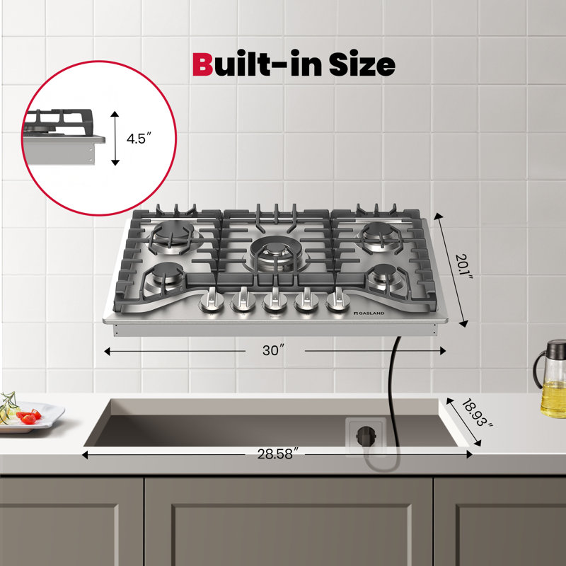 Surface de cuisson au gaz de 30 po en acier inoxydable avec 5 brûleurs, puissance totale de 41 300 BTU, brûleur électrique à double anneau, convertible au gaz naturel / gaz de pétrole liquéfié, certifié CSA