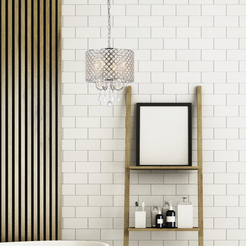 Dusin 4-Light Dimmable Crystal Drum Chandelier, Chrome, Chrome/Clear, 15" H x 14" W x 14" D