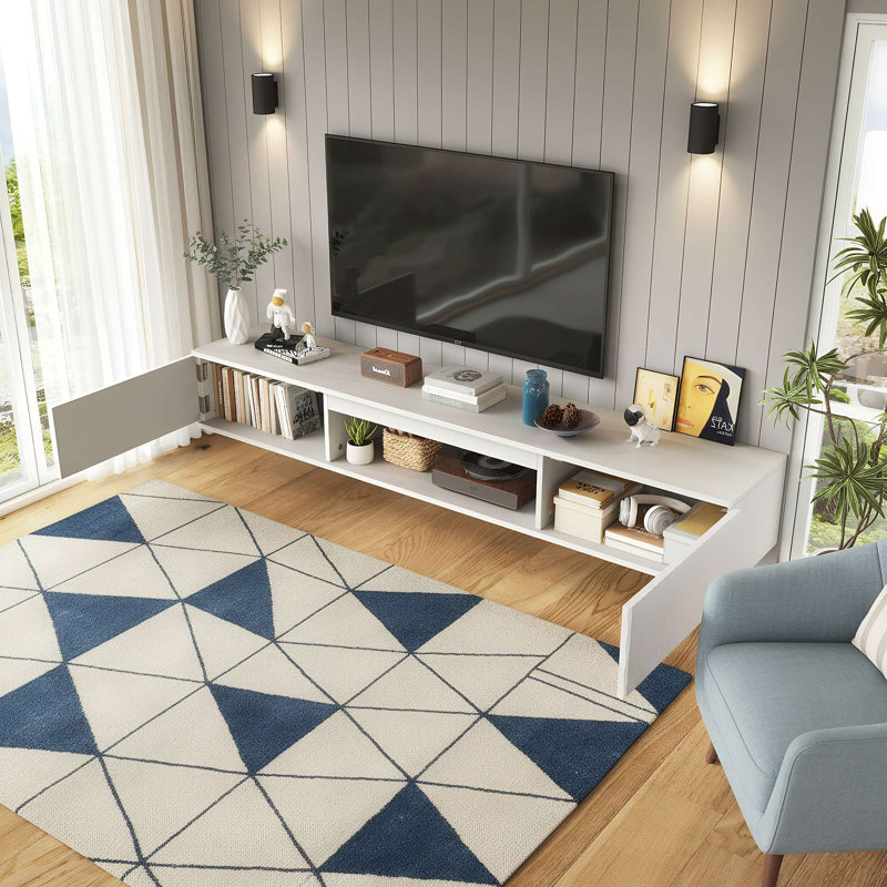 Meuble télé moderne flottant avec rangement mural de 63 po pour meuble télé de 70 po ou moins, Blanc
