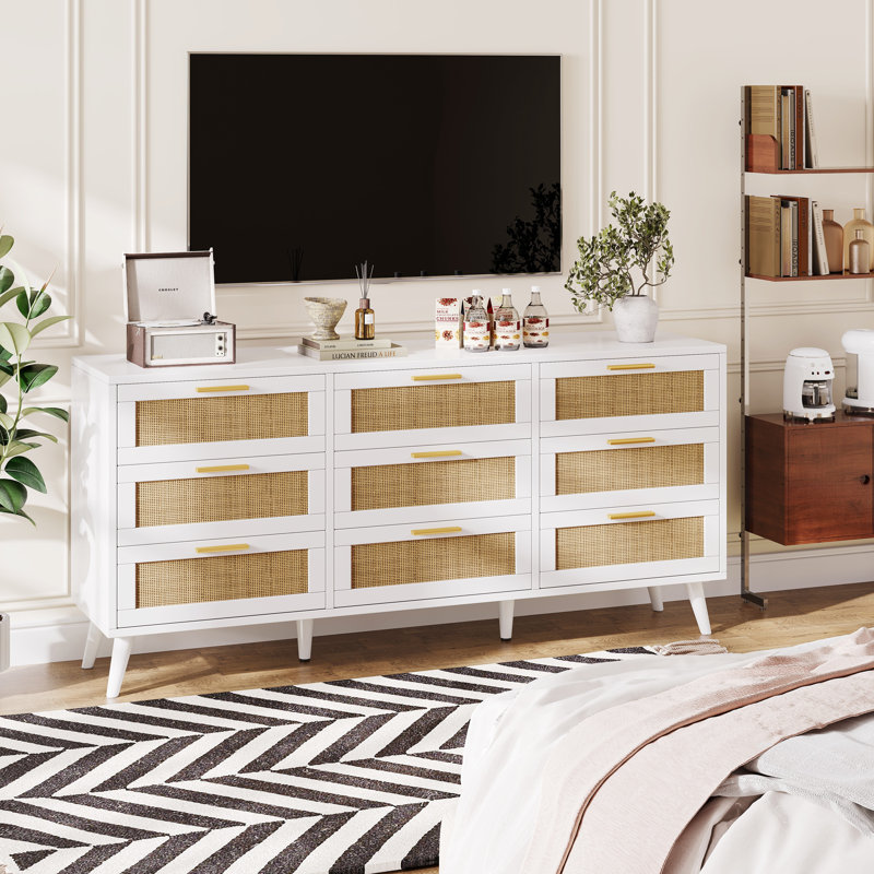 Airiona 9 - Drawer Dresser, Rattan Chest of Drawers, Modern Dresser for Bedroom, Beige