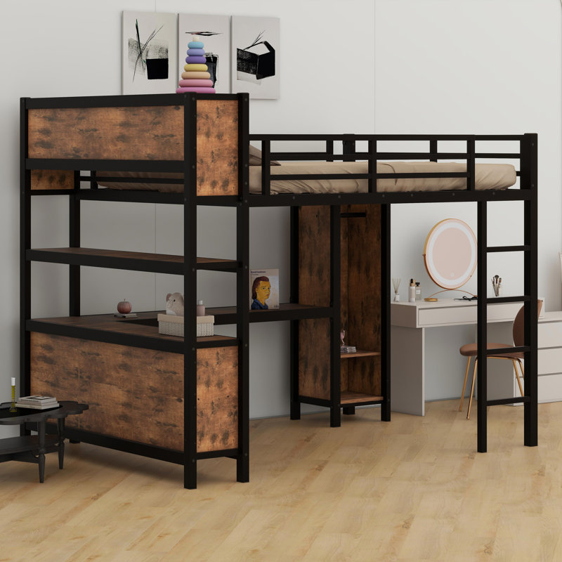 Space-Saving Loft Bed Featuring Built-In Closet, Study Desk, And Organizational Cubes, Wood