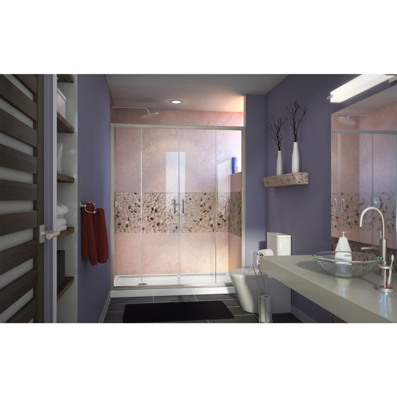 DreamLine Visions 36 inch D x 60 inch W x 74 3/4 inch H Semi-Frameless Sliding Shower Door in Brushed Nickel with Right Drain Biscuit Shower Base Kit