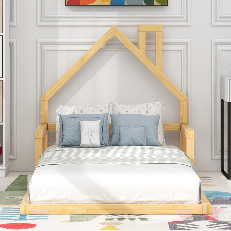 Wood Floor Bed With House-Shaped Headboard, Natural