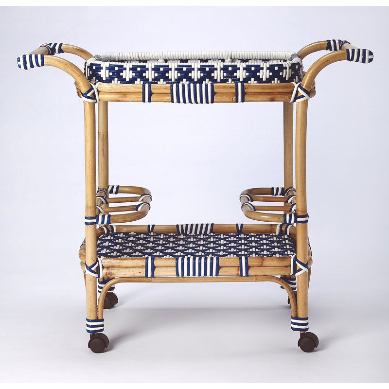Selena & Rattan Bar Cart, Blue/white